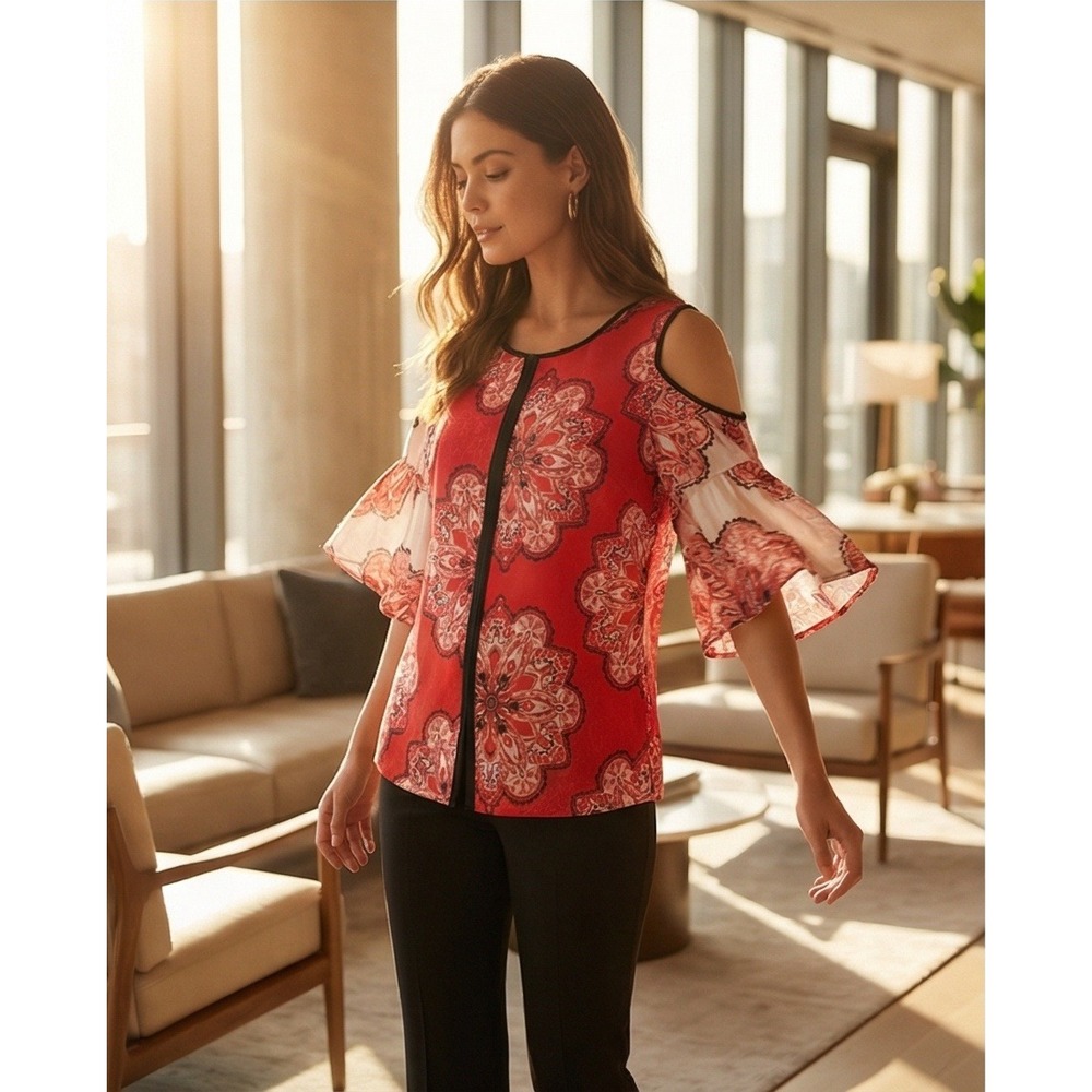Chico's 2 Red Medallion Cold Shoulder Bell Sleeve Blouse LargeBoho Asian Inspire